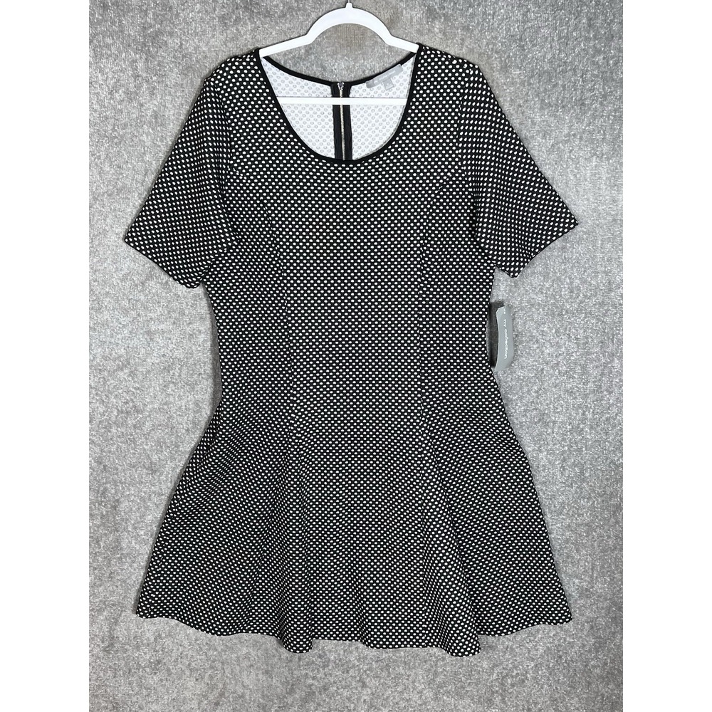 NY Collection Scoop Neck Flared Dress Womens Size XL Black White Polka Dot New